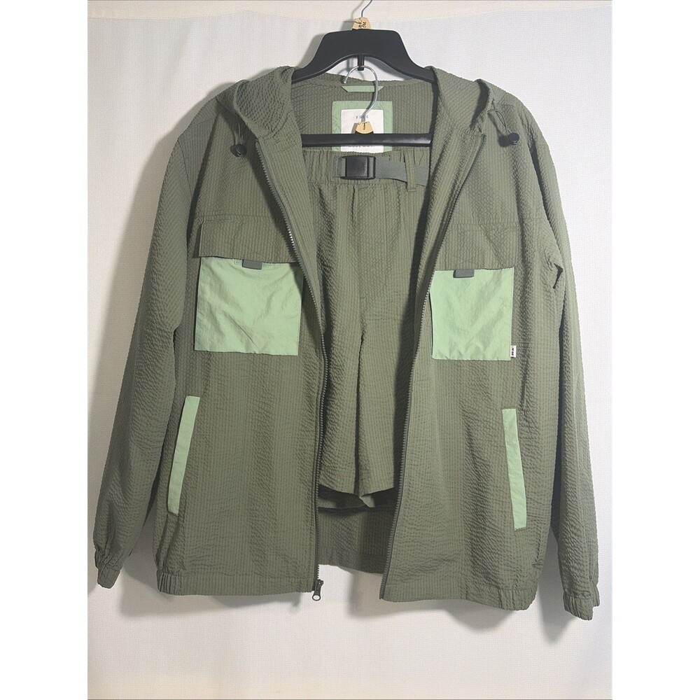 NWT Free People Men’s Large Nylon Jacket & Short Set Green Full Zip Pockets Belt